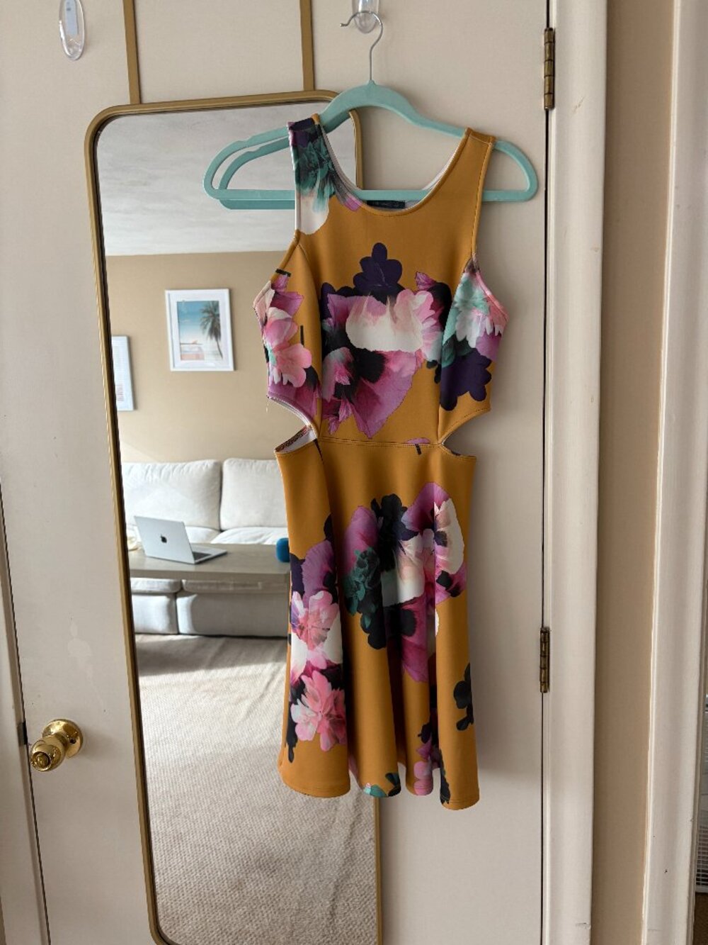 Soprano A-line Vibrant Mustard Yellow Floral Print Dress Mini with Side Cutouts